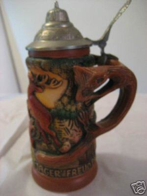 Western Germany King fox handle beer stein w pewter lid  