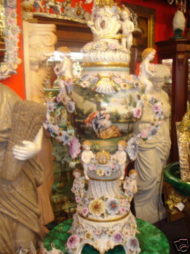 VERY LARGE LOVELY GERMAN PORCELAIN CHERUB & FLOWER URNS  