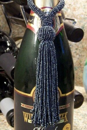 CHARCOAL BLACK BEADED TASSEL WINE BOTTLE ORNAMENT, NEW  