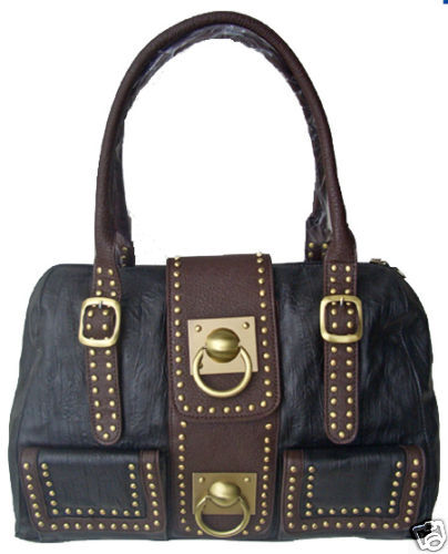 BLACK BROWN STUDDED LEATHER LK URBAN SATCHEL HANDBAG  