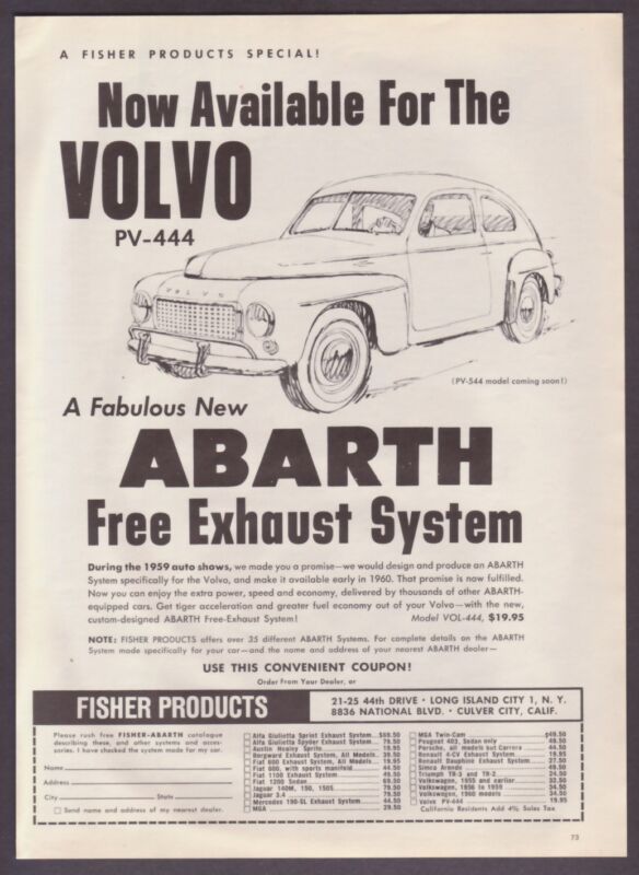 1960 Volvo P 544 Sedan Art Abarth Exhaust System Ad  