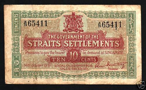 STRAITS SETTLEMENTS MALAYSIA SINGAPORE 10C.P8 1919 RARE  