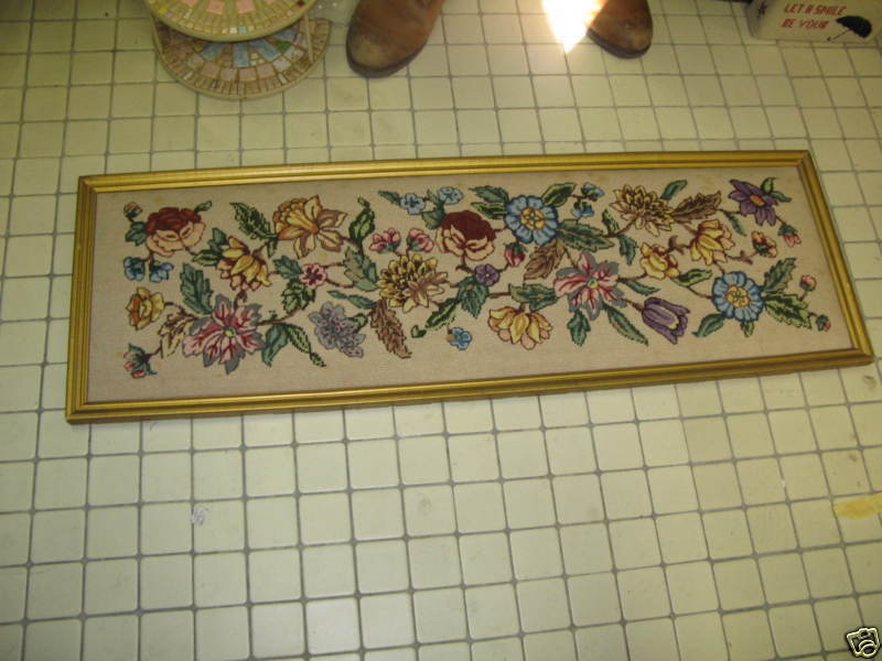 Vintage Hand Made Needlepoint 12x40 Framed 14x42  