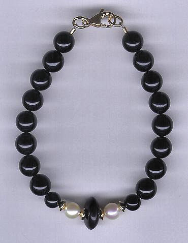 Black Onyx & Grade A Pearl 14k Gold Clasp Bracelet  