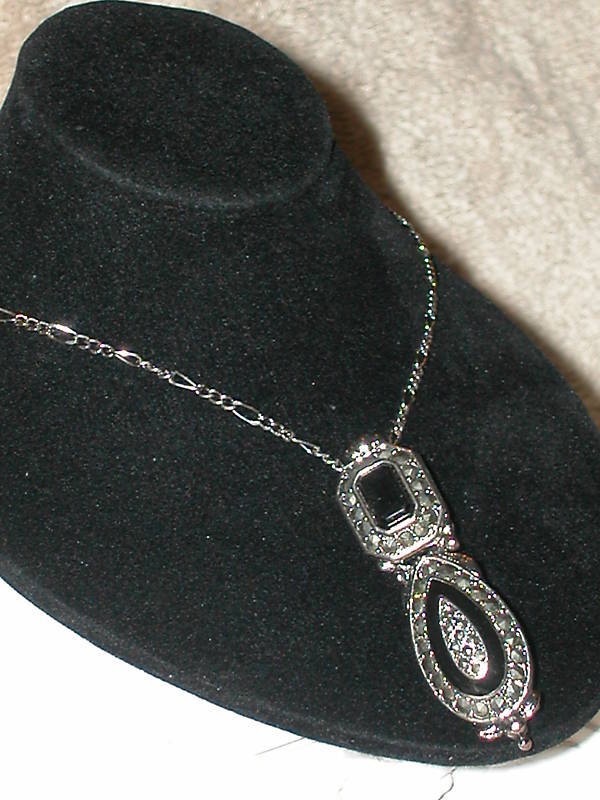 Genuine Marcasite & Onyx Necklace & Pin Combination NR  