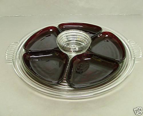 Anchor Hocking Glass MANHATTAN Plate w Ruby Inserts  