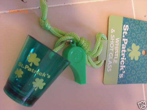 ST PATRICKS DAY SHOT GLASS & WHISTLE shamrocks new  