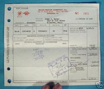 1962 Buick Bill of Sale Invoice Receipt Bethlehem PA  