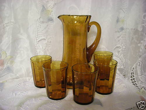 Vintage Amber Water Pitcher and Five 8 oz Tumblers  