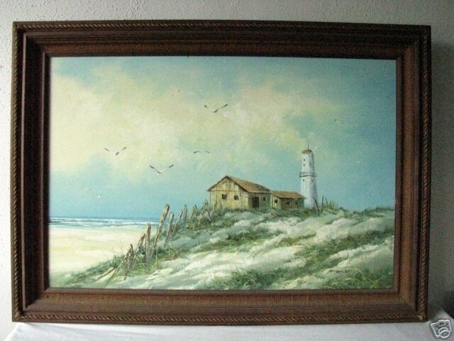 VINTAGE OIL PAINTING OCEAN SEASCAPE LIGHT TOWER HOUSE  