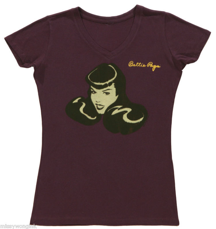 Bettie Page V Neck PLUM COLORED COTTON T shirt LOGO   